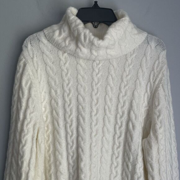 Talbots Cable Knit Sweater Size MP Cream Chunky Fisherman Turtleneck - Picture 2 of 14